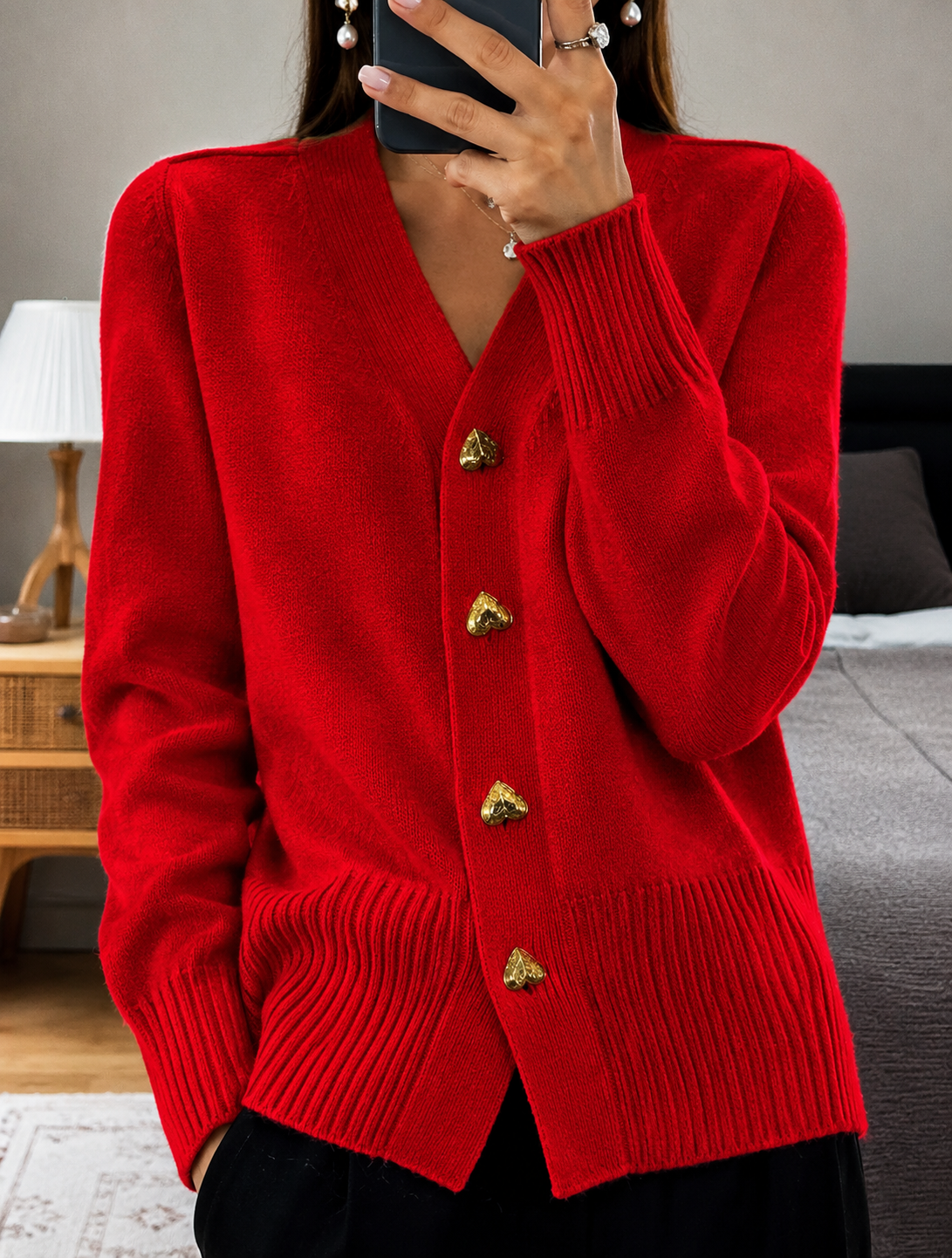 Women's Soft Knit Cardigan with V-Neck and Gold-Tone Buttons