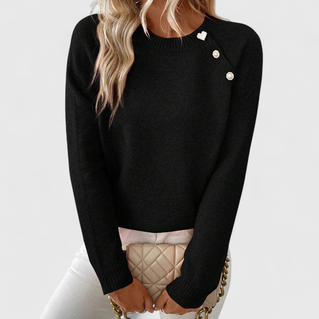 Women's Soft Knit Crew Neck Sweater with Pearl Button Detail