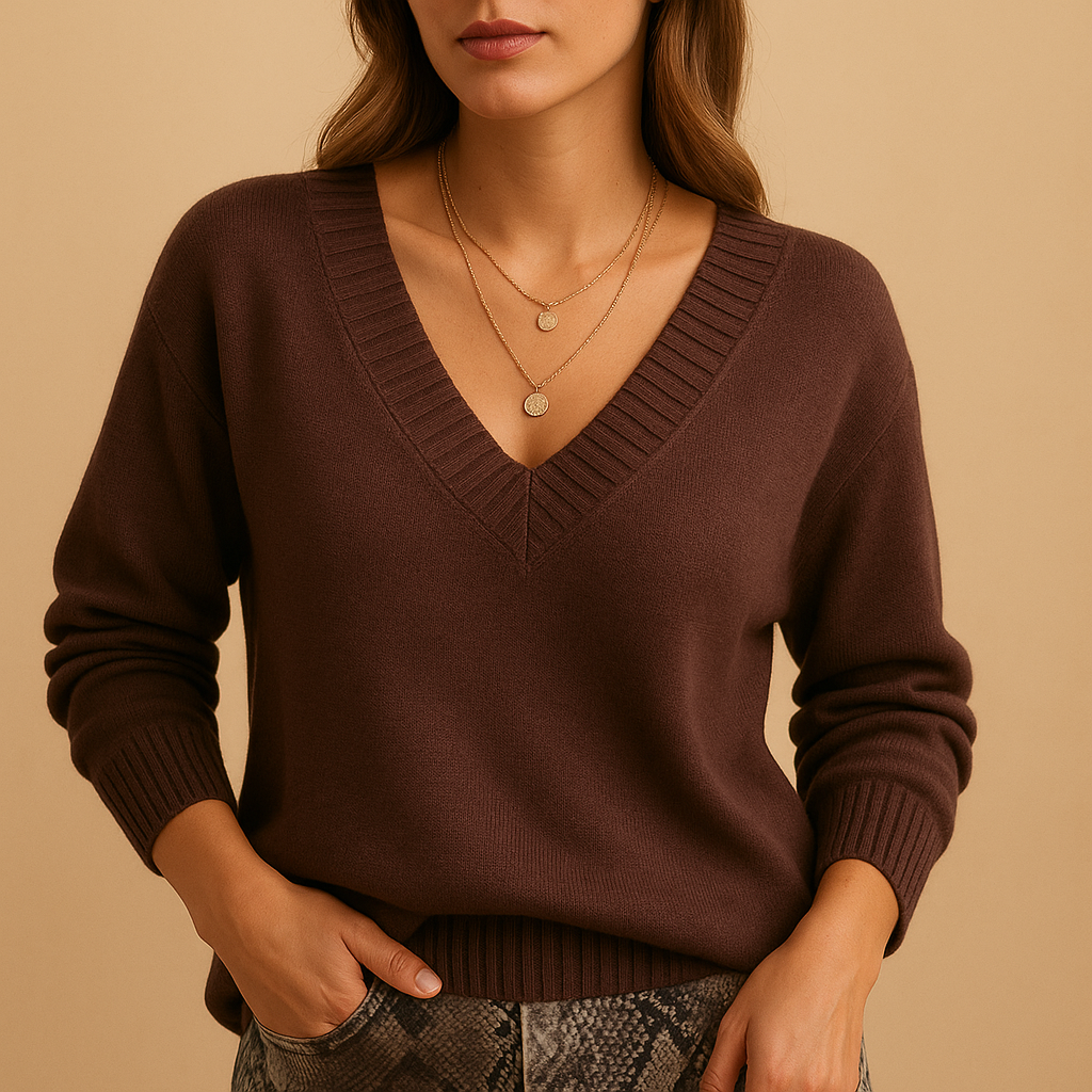 Women's Soft Knit V-Neck Sweater with Ribbed Cuffs