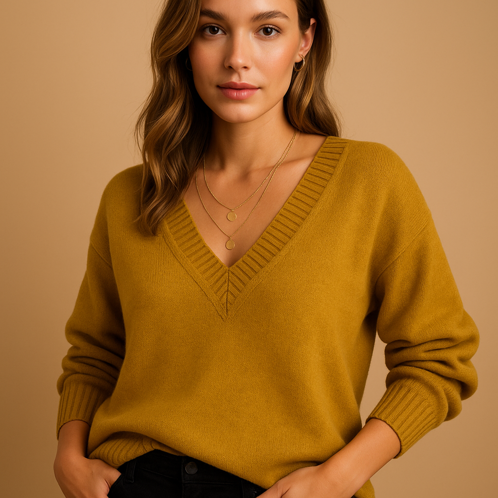 Women's Soft Knit V-Neck Sweater with Ribbed Cuffs