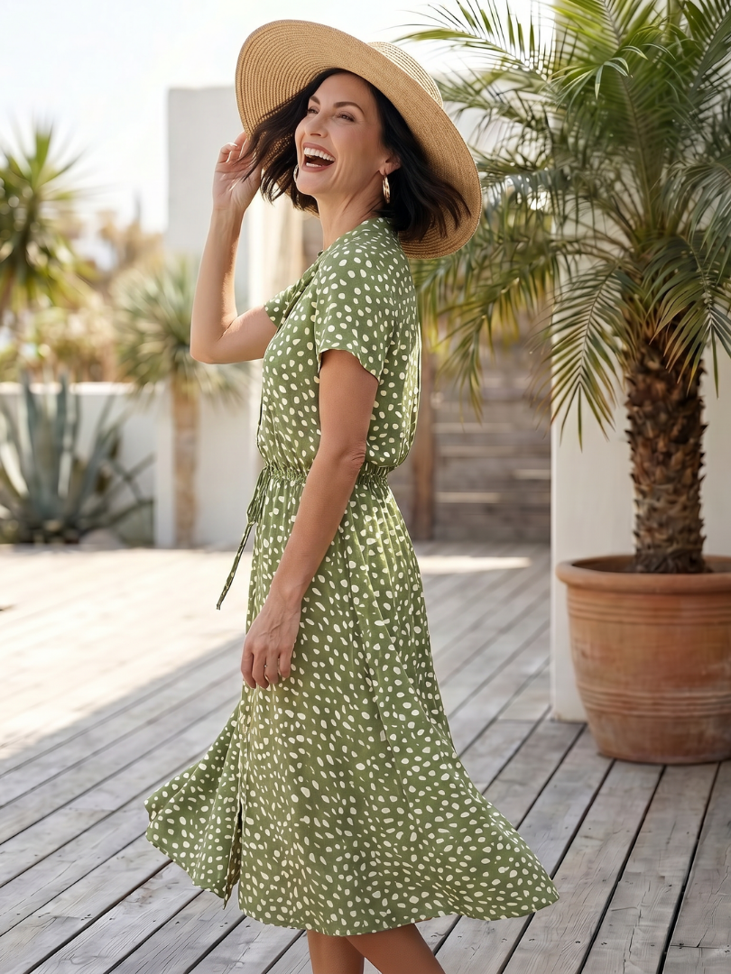 Women's Soft Print Midi Dress with Tie Belt
