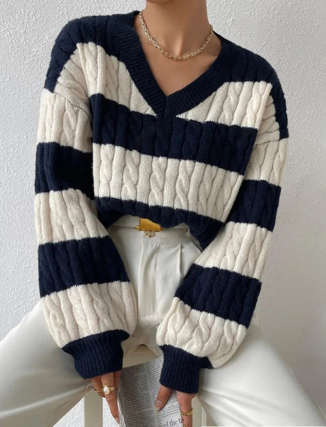 Women's Striped Cable Knit V-Neck Sweater with Relaxed Fit