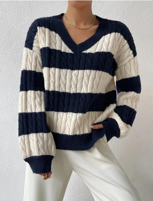 Women's Striped Cable Knit V-Neck Sweater with Relaxed Fit
