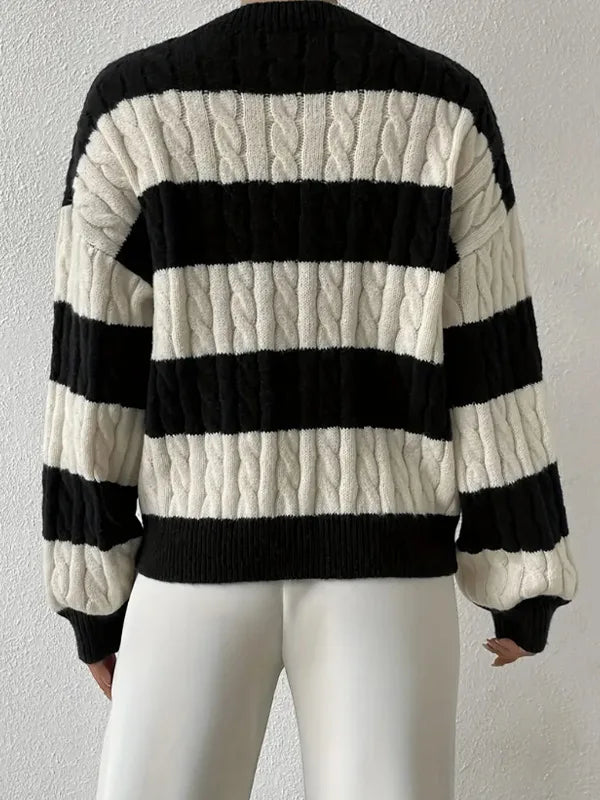 Women's Striped Cable Knit V-Neck Sweater with Relaxed Fit