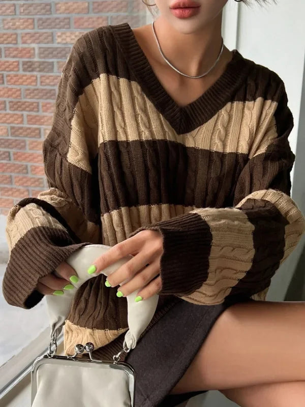 Women's Striped Cable Knit V-Neck Sweater with Relaxed Fit
