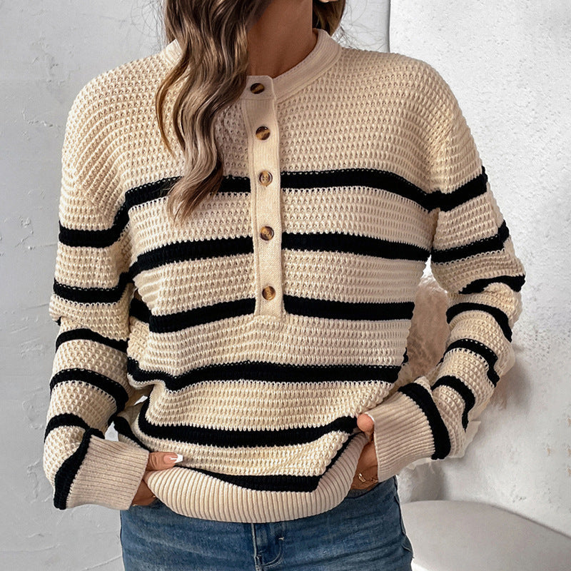 Women's Striped Knit Sweater with Button Placket and 3/4 Sleeves