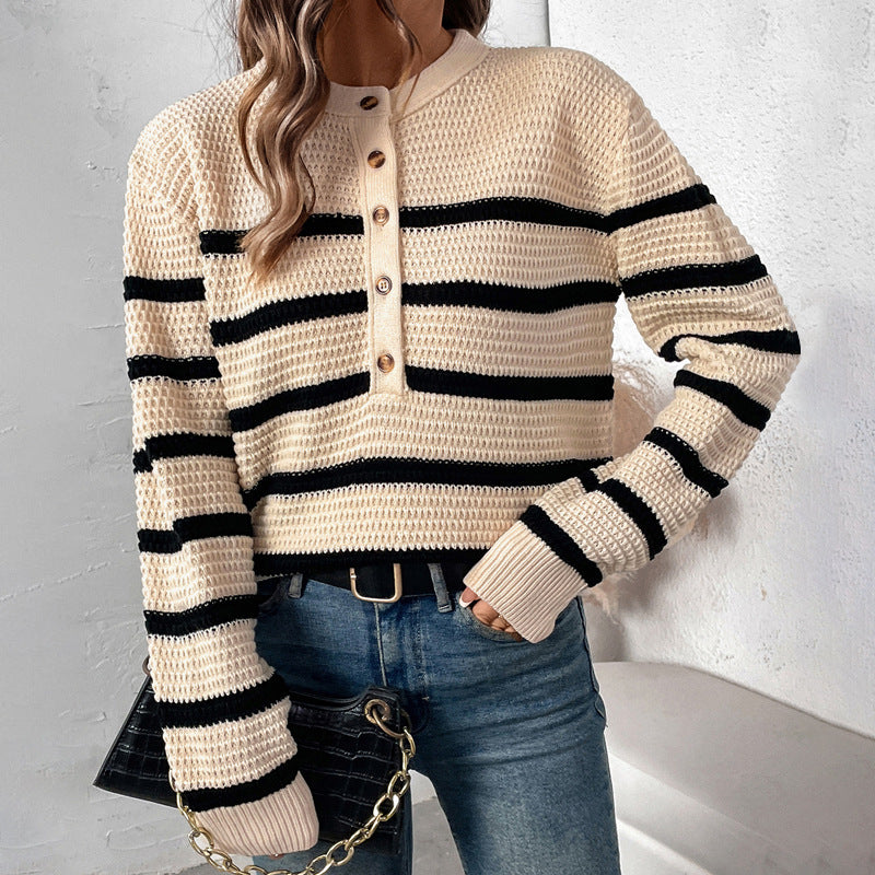 Women's Striped Knit Sweater with Button Placket and 3/4 Sleeves
