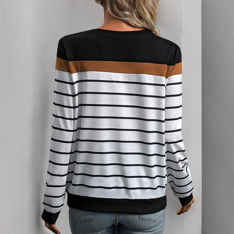 Women's Striped Knit Sweater with Contrasting Sleeves