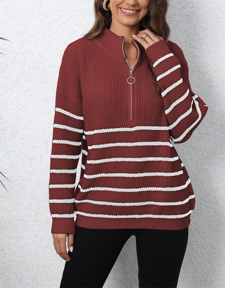 Women's Striped Knit Sweater with Half Zip Collar