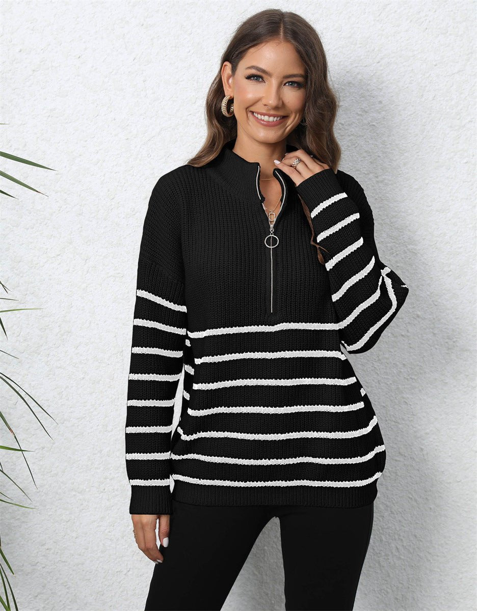Women's Striped Knit Sweater with Half Zip Collar