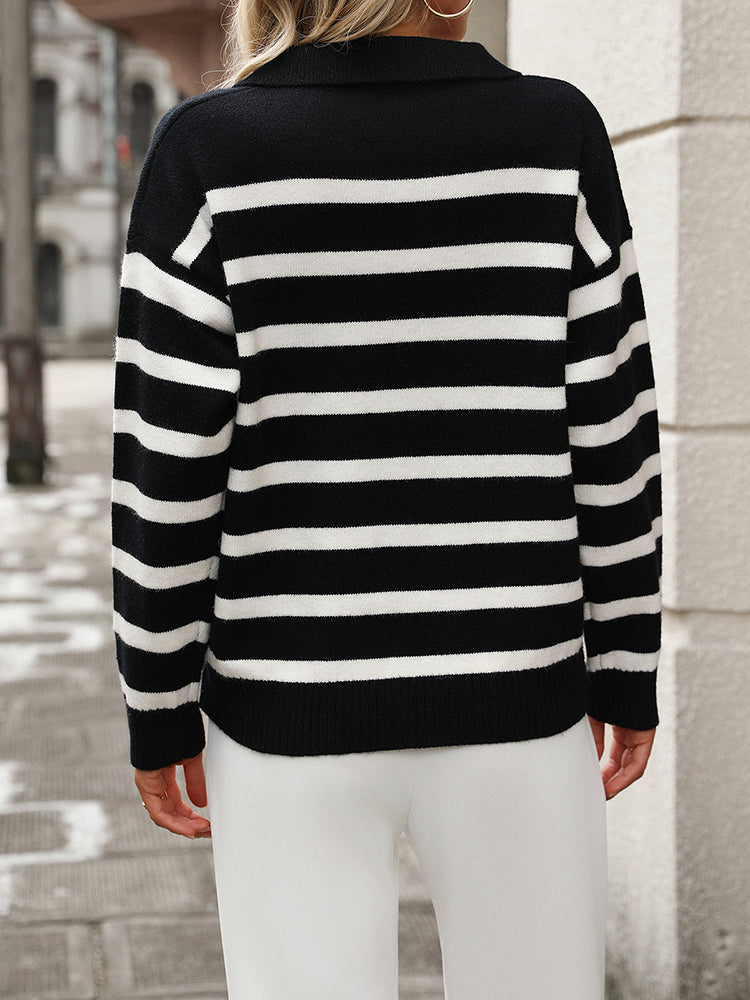 Women's Striped Knit Sweater with Polo Collar and V-Neck