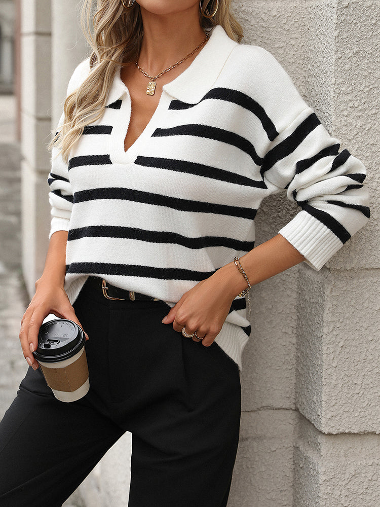 Women's Striped Knit Sweater with Polo Collar and V-Neck