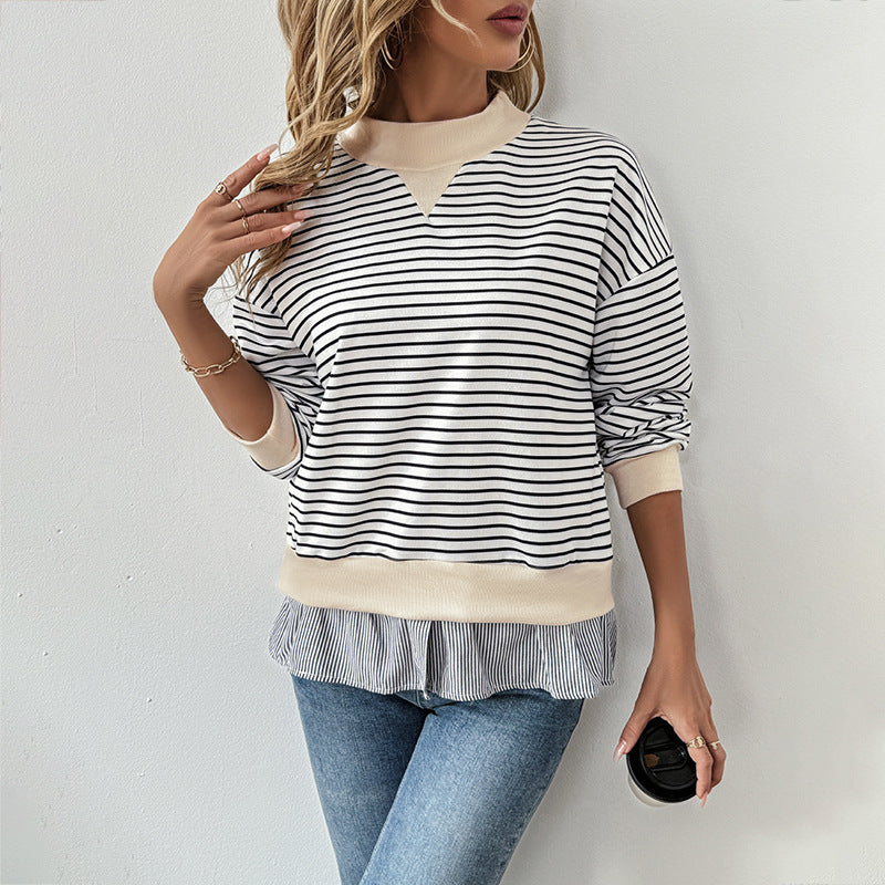 Women's Striped Mock Neck Sweatshirt with Ruffle Hem