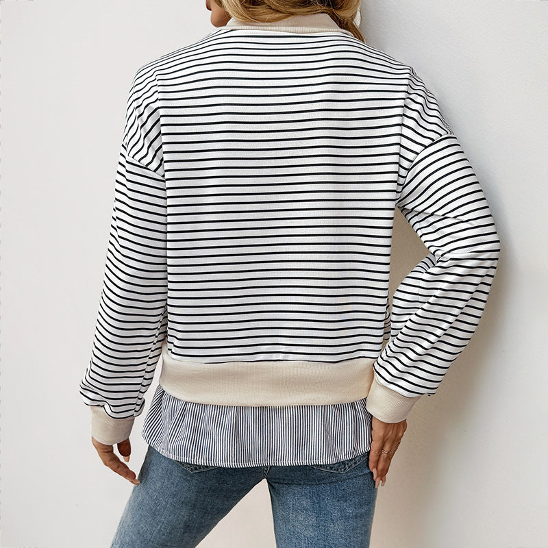 Women's Striped Mock Neck Sweatshirt with Ruffle Hem