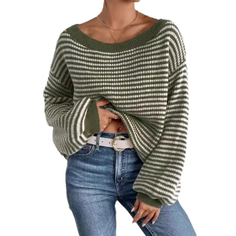 Women's Striped Off-Shoulder Oversized Knit Sweater