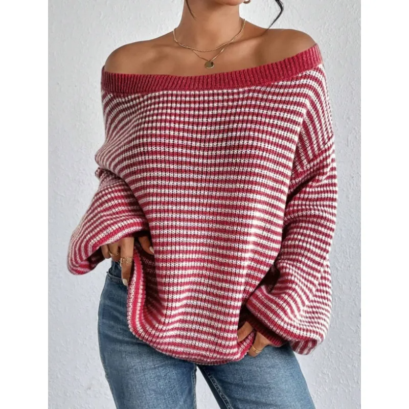 Women's Striped Off-Shoulder Oversized Knit Sweater
