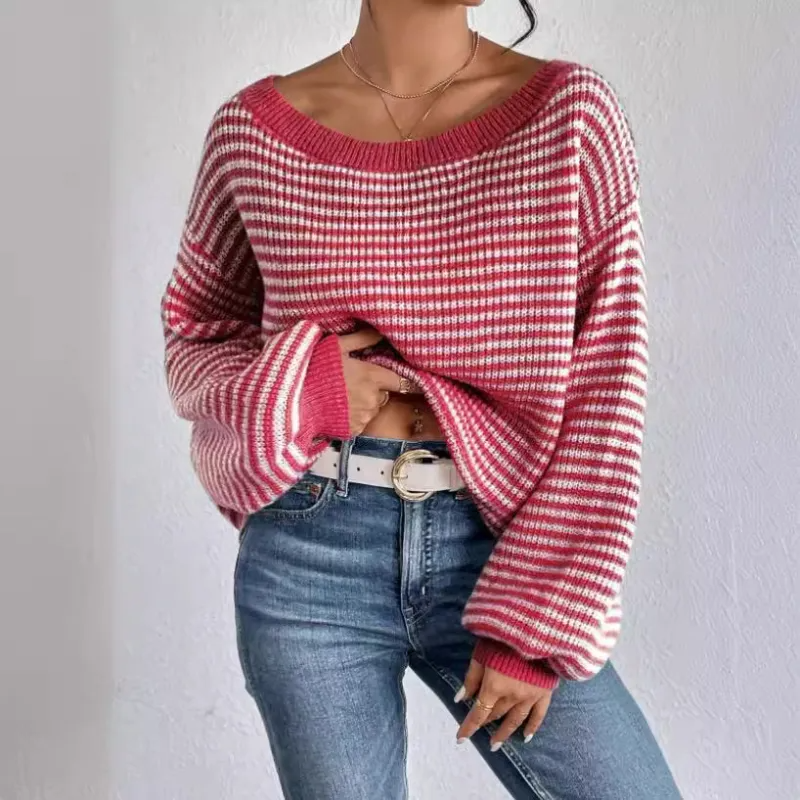 Women's Striped Off-Shoulder Oversized Knit Sweater