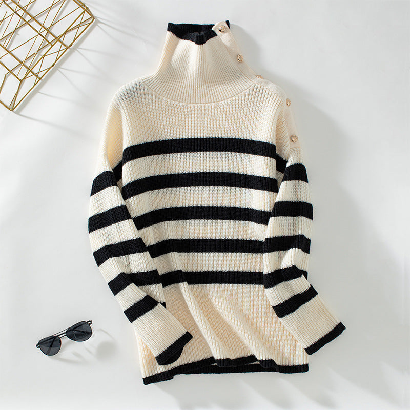 Women's Striped Turtleneck Sweater with Button Details