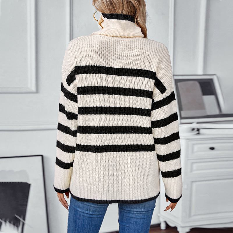 Women's Striped Turtleneck Sweater with Button Details