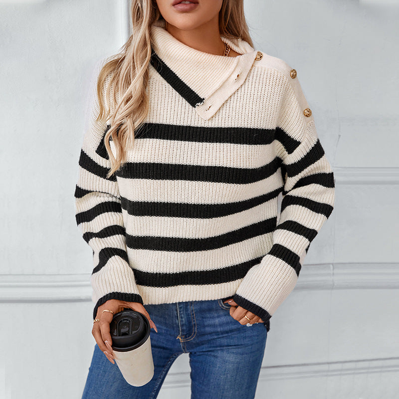 Women's Striped Turtleneck Sweater with Button Details