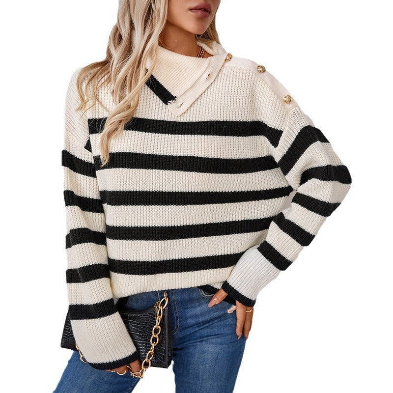 Women's Striped Turtleneck Sweater with Button Details