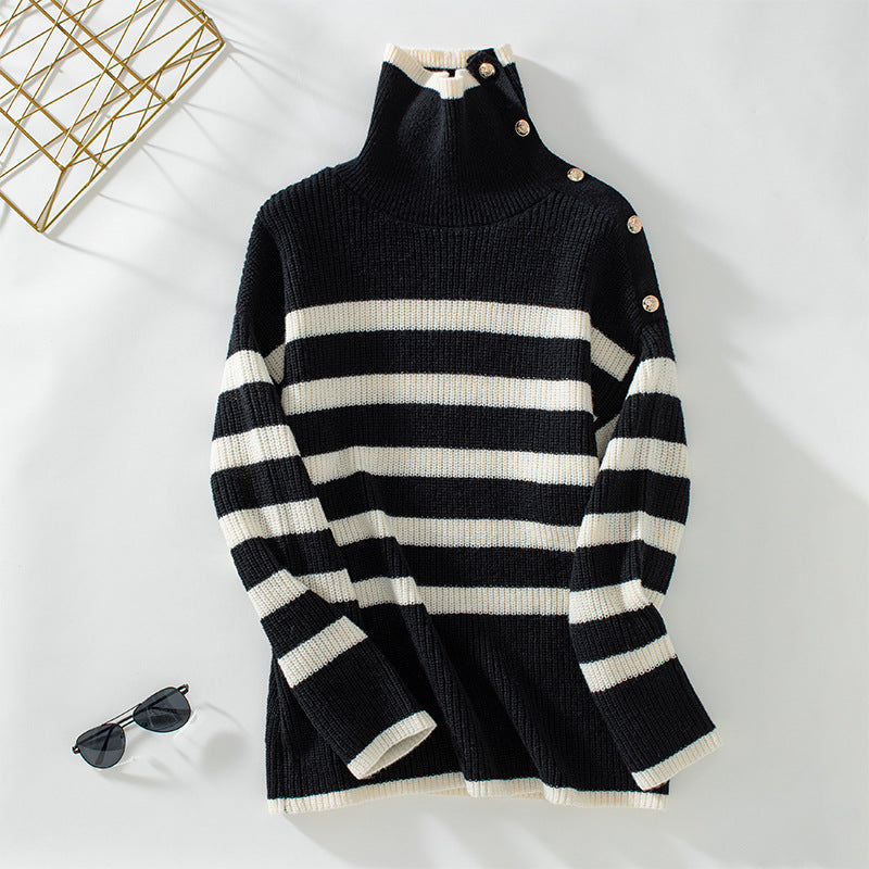 Women's Striped Turtleneck Sweater with Button Details
