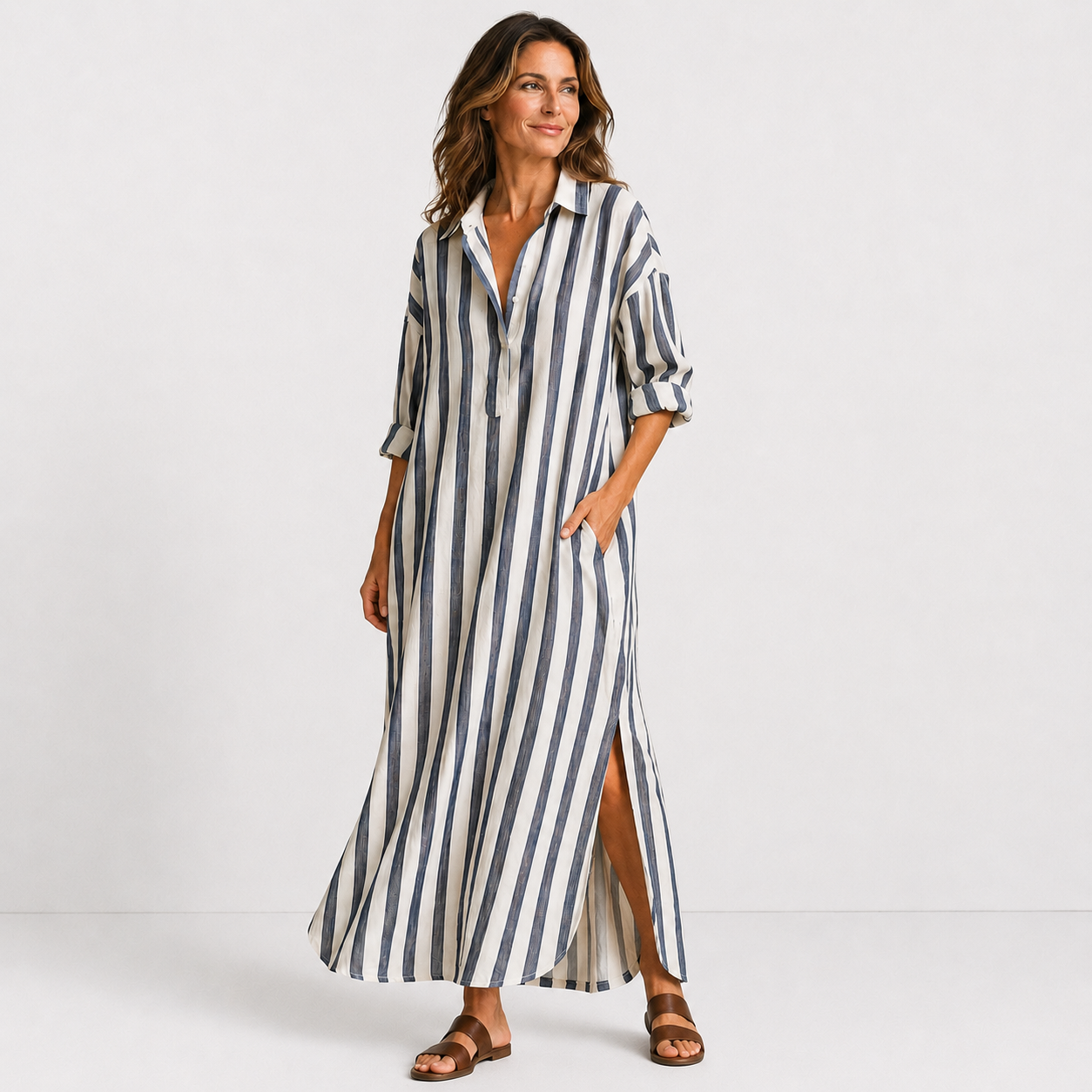 Women's Striped V-Neck Long Shirt Dress