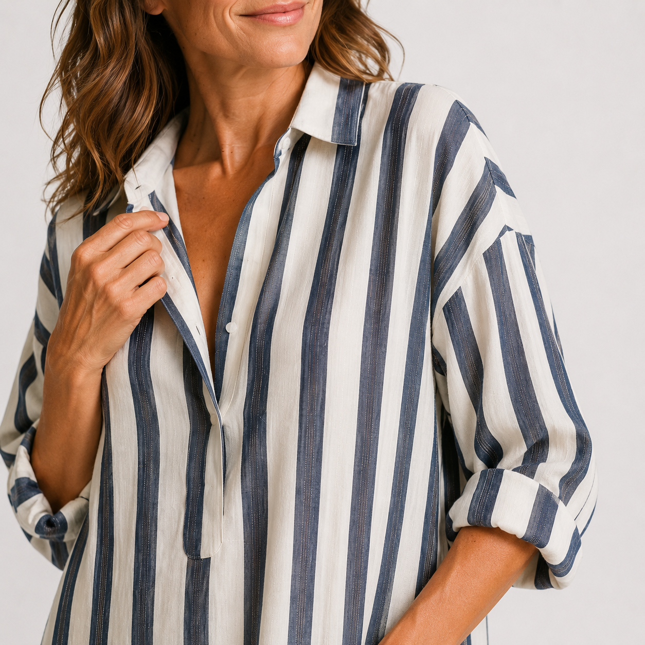 Women's Striped V-Neck Long Shirt Dress