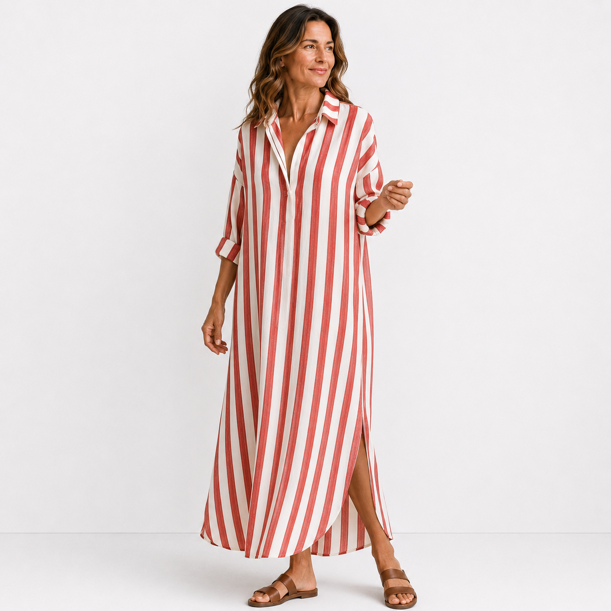 Women's Striped V-Neck Long Shirt Dress
