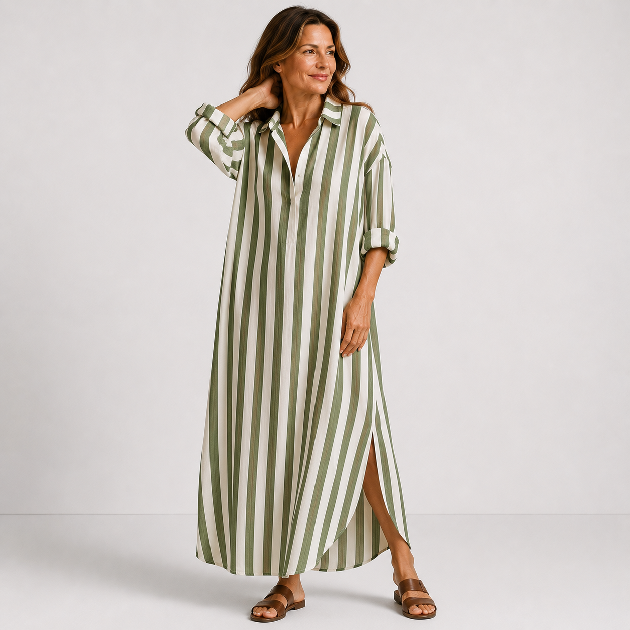 Women's Striped V-Neck Long Shirt Dress