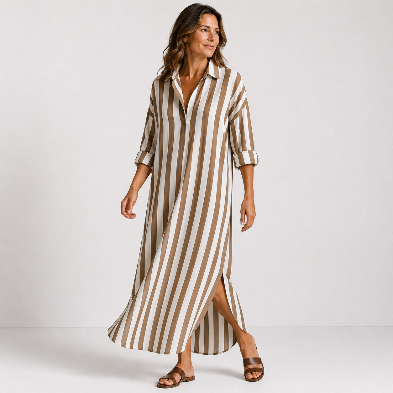 Women's Striped V-Neck Long Shirt Dress