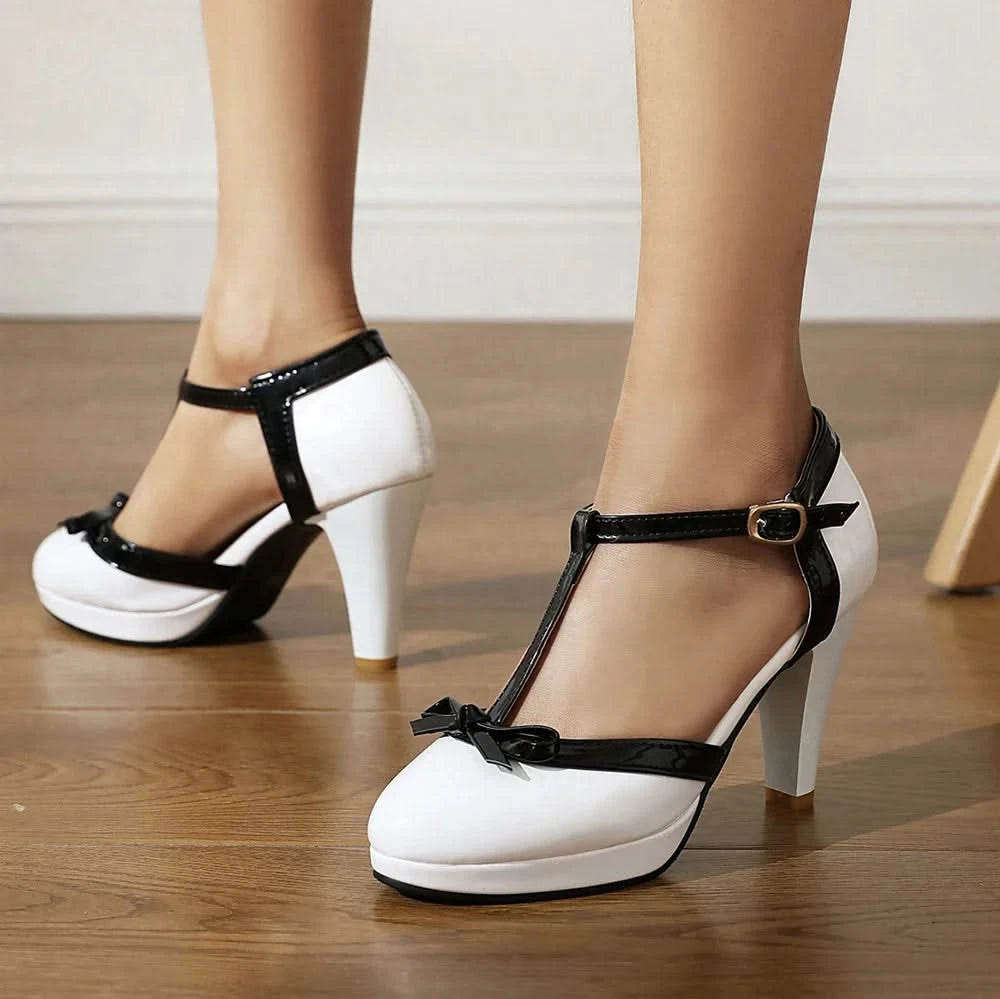Women's T-Strap Mary Jane Heels with Bow Detail