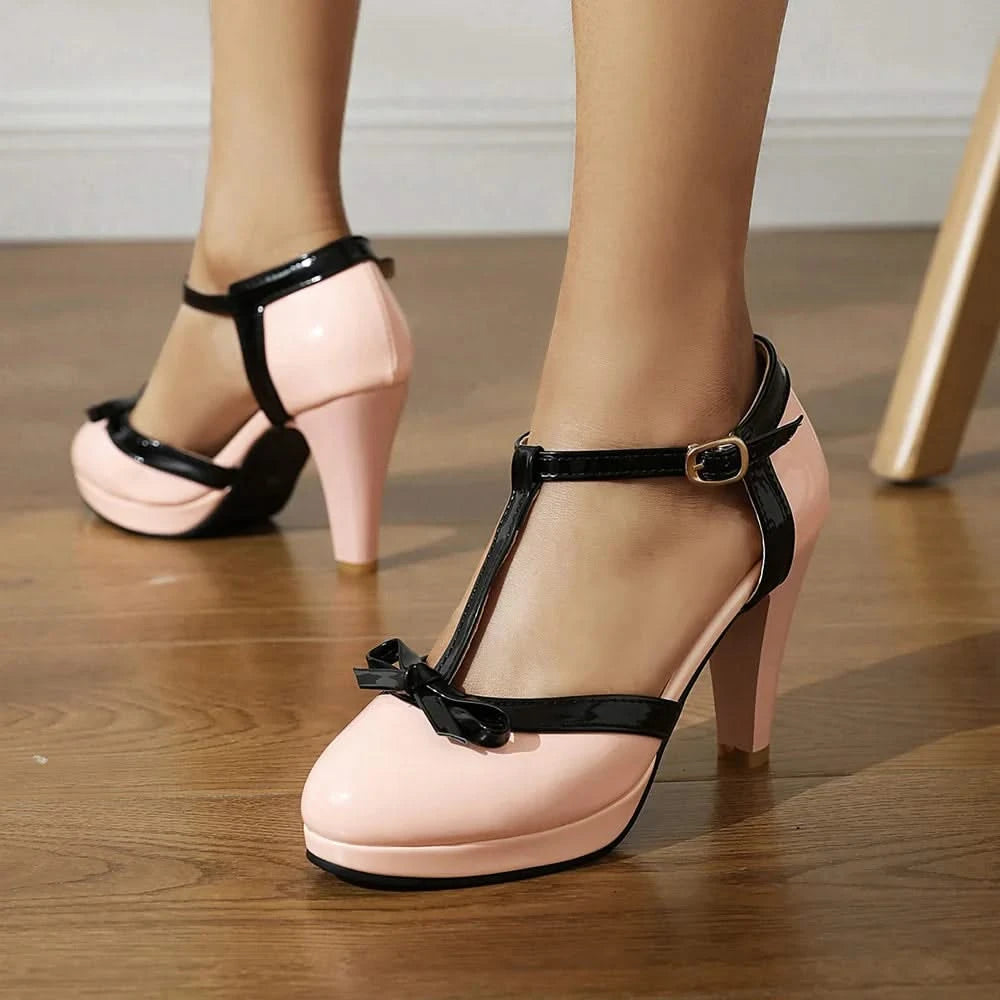 Women's T-Strap Mary Jane Heels with Bow Detail