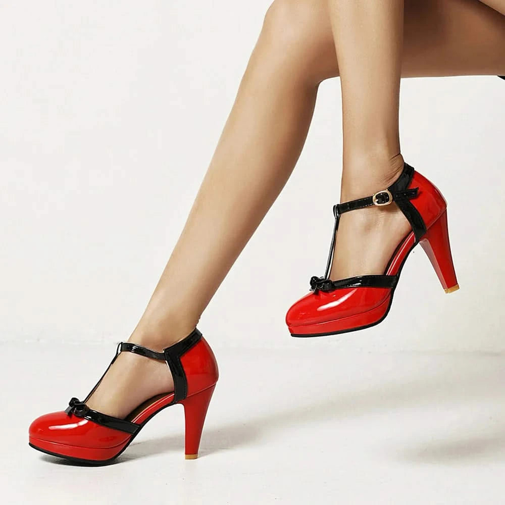 Women's T-Strap Mary Jane Heels with Bow Detail