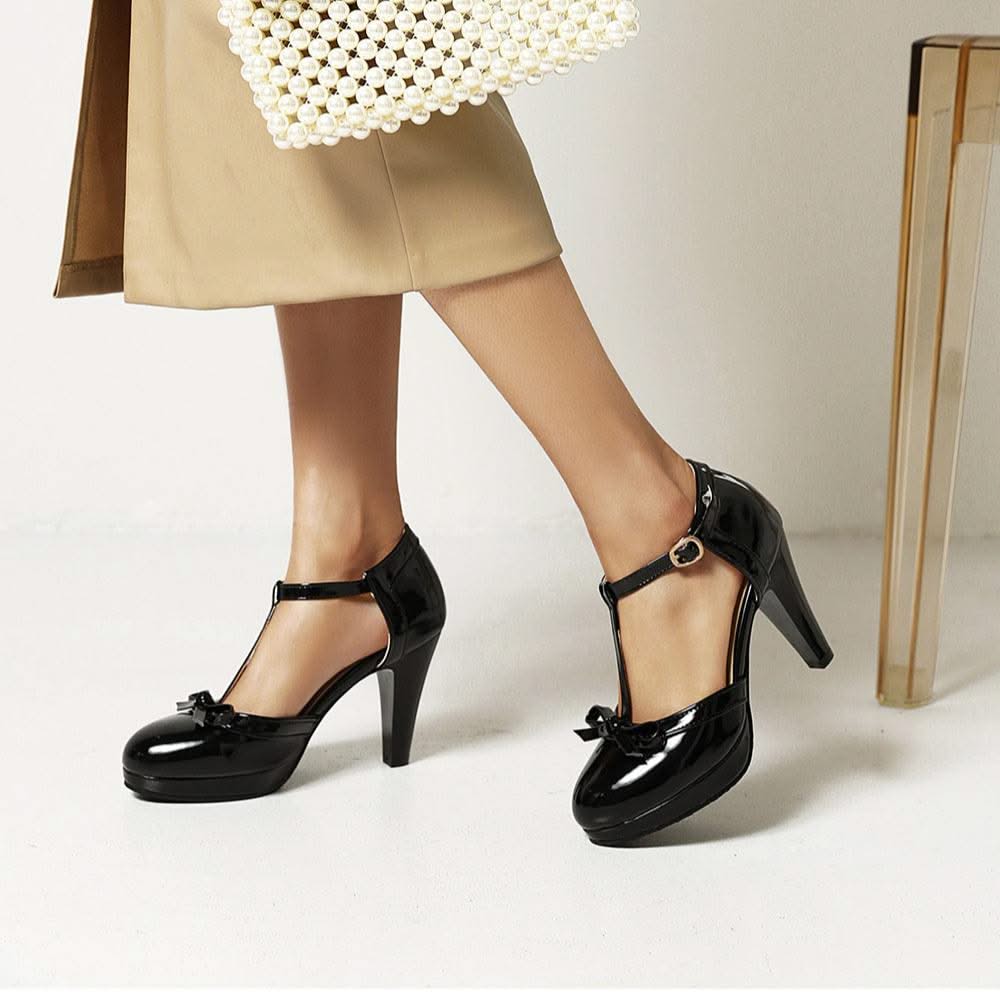 Women's T-Strap Mary Jane Heels with Bow Detail
