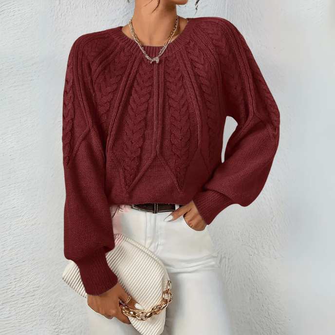 Women's Textured Cable Knit Sweater with Puff Sleeves
