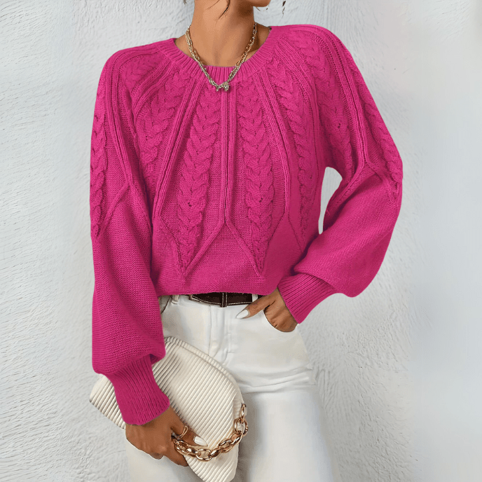 Women's Textured Cable Knit Sweater with Puff Sleeves