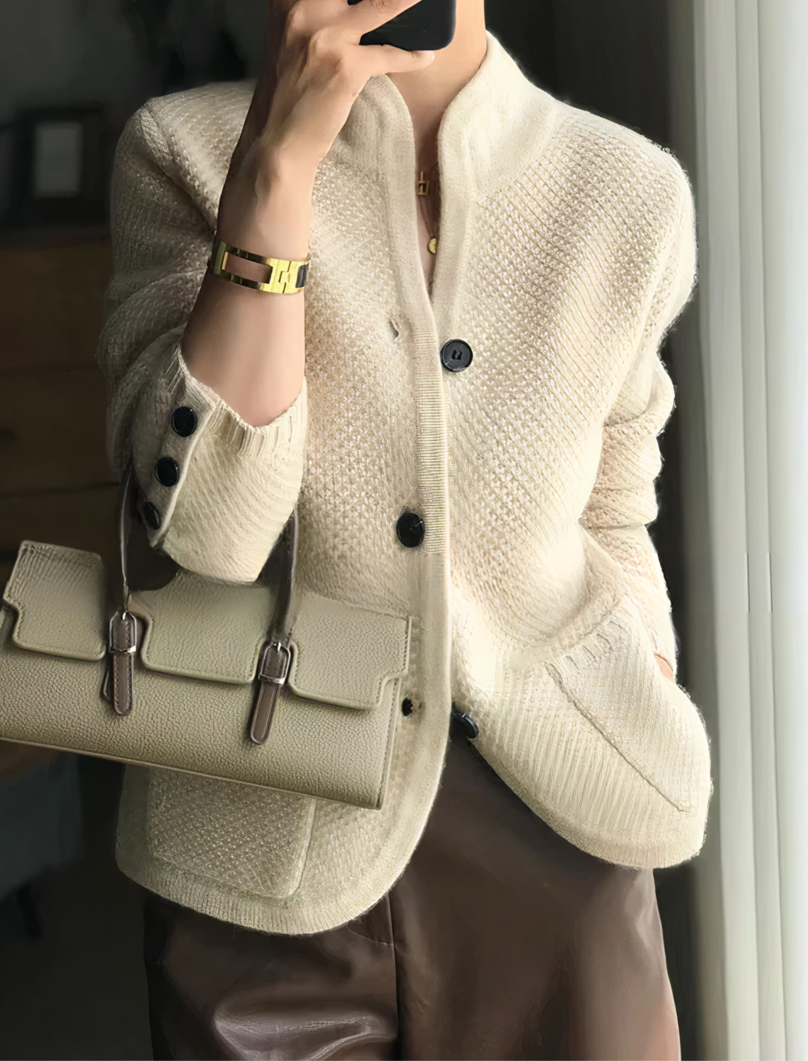 Women's Textured Knit Cardigan with Stand Collar