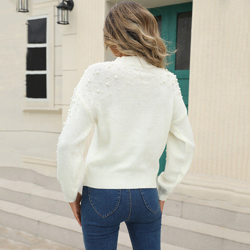 Women's Textured Knit Sweater with Pearl Details