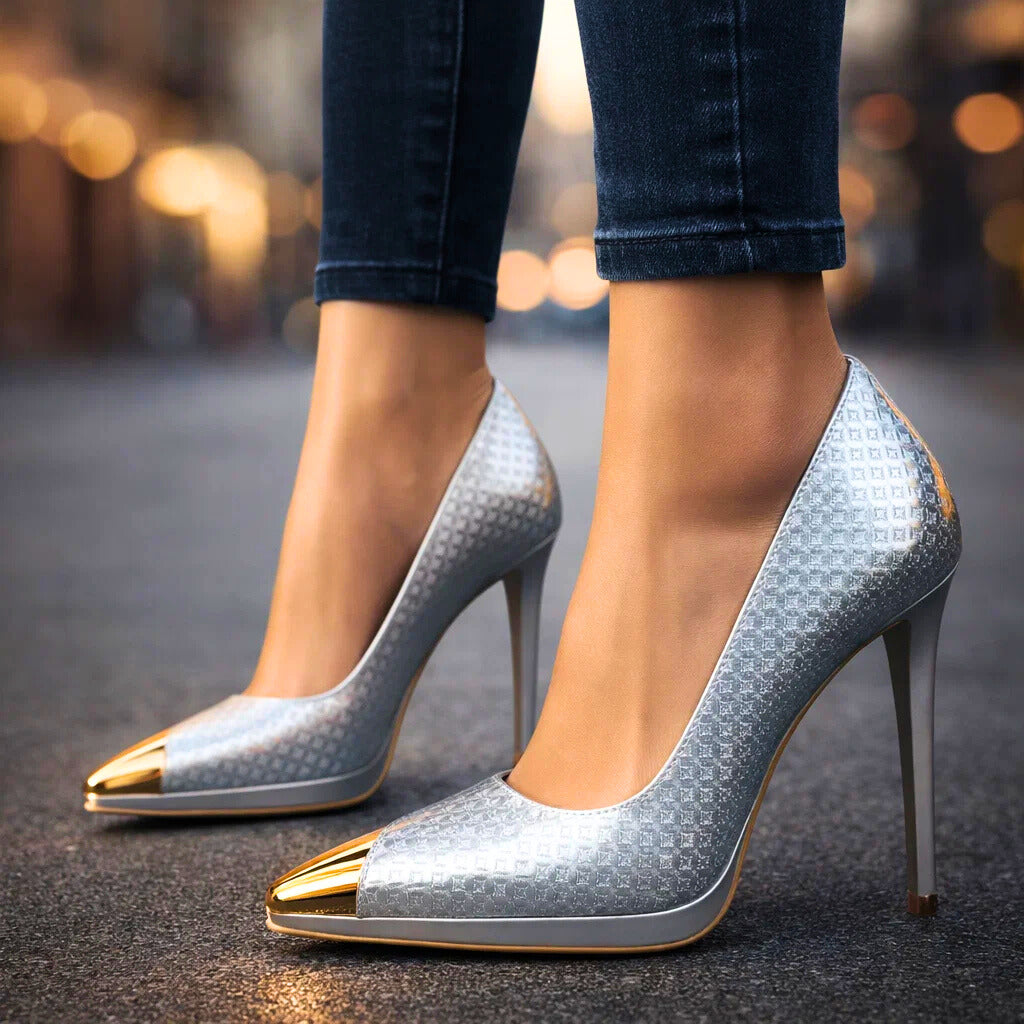 Women's Gold Toe Cap Pumps with Stiletto Heel