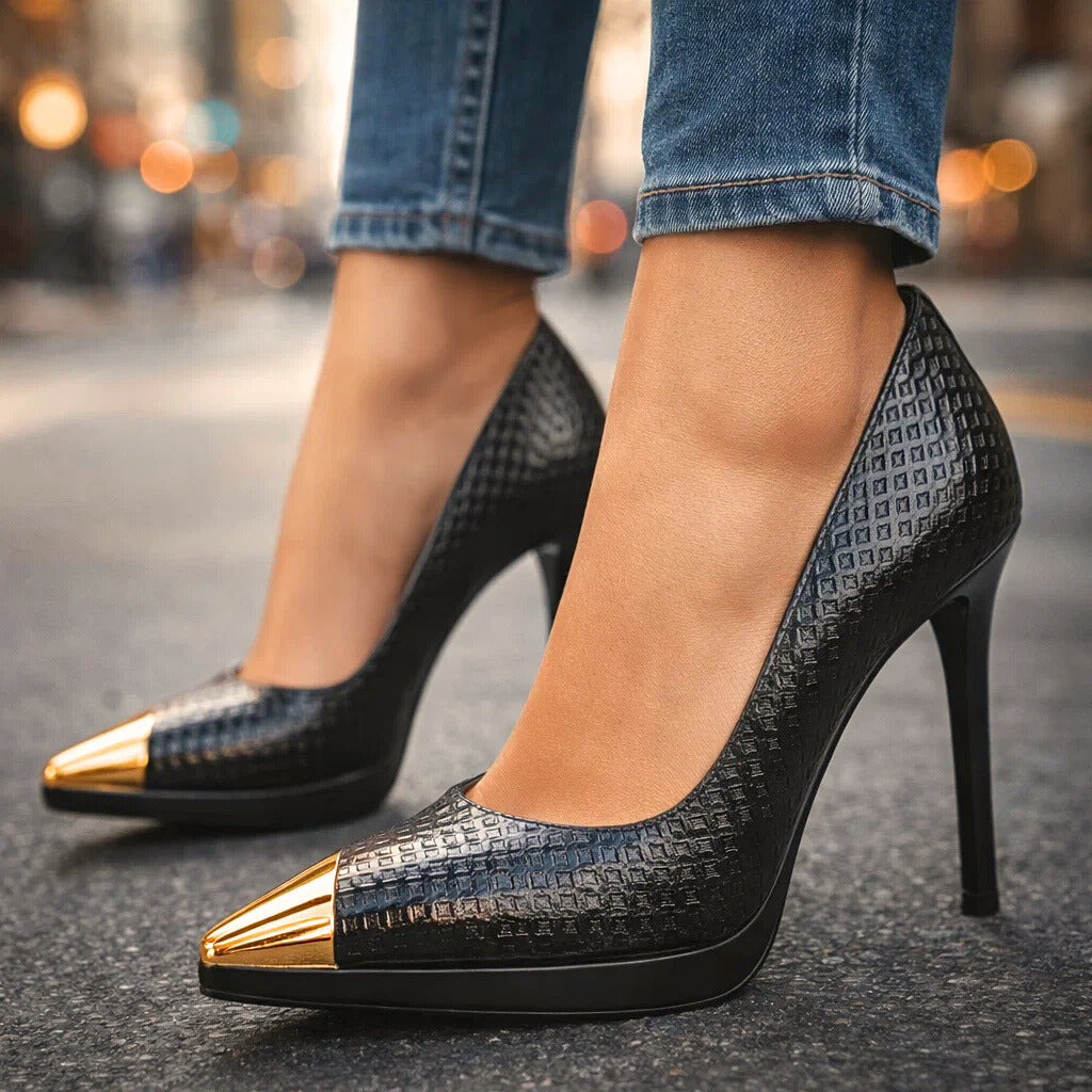 Women's Gold Toe Cap Pumps with Stiletto Heel