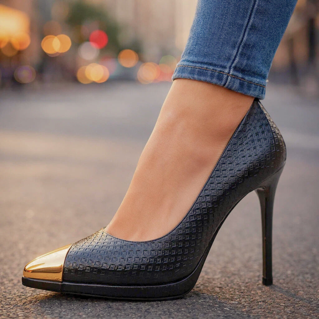 Women's Gold Toe Cap Pumps with Stiletto Heel
