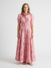Women's Textured Maxi Shirt Dress with Wide Belt