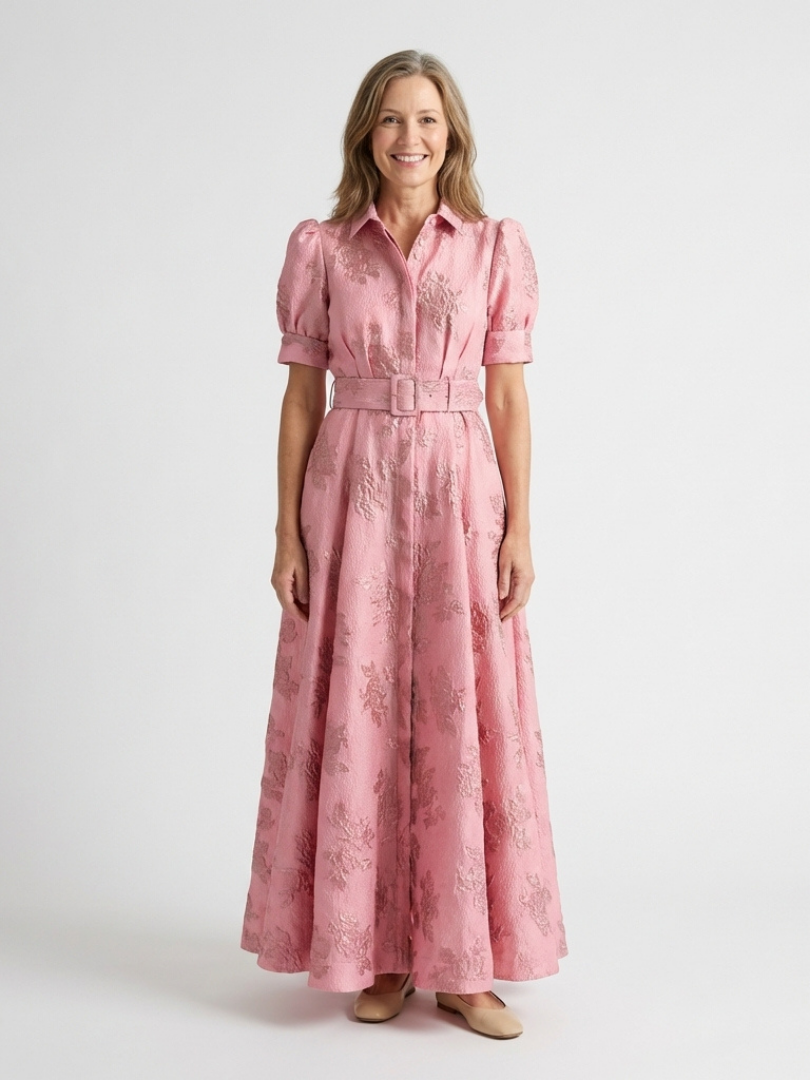 Women's Textured Maxi Shirt Dress with Wide Belt