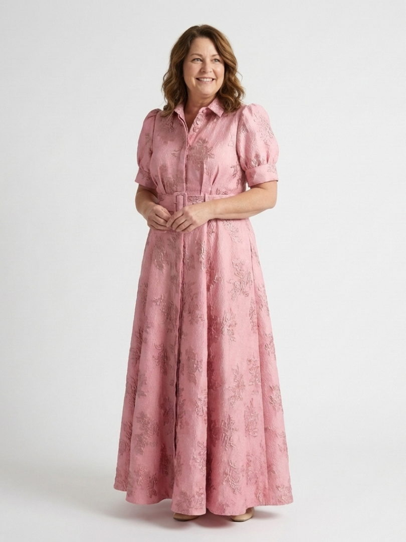 Women's Textured Maxi Shirt Dress with Wide Belt