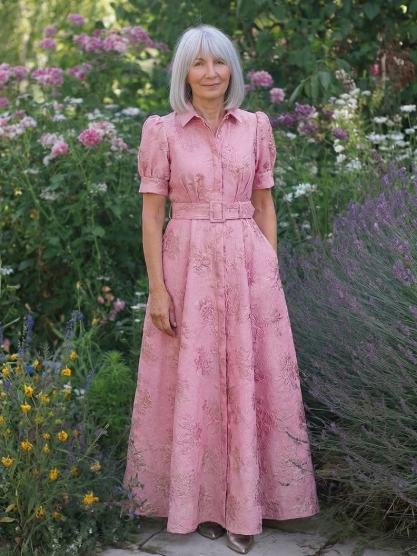 Women's Textured Maxi Shirt Dress with Wide Belt