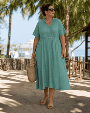 Women's Textured Midi Dress with V-Neck