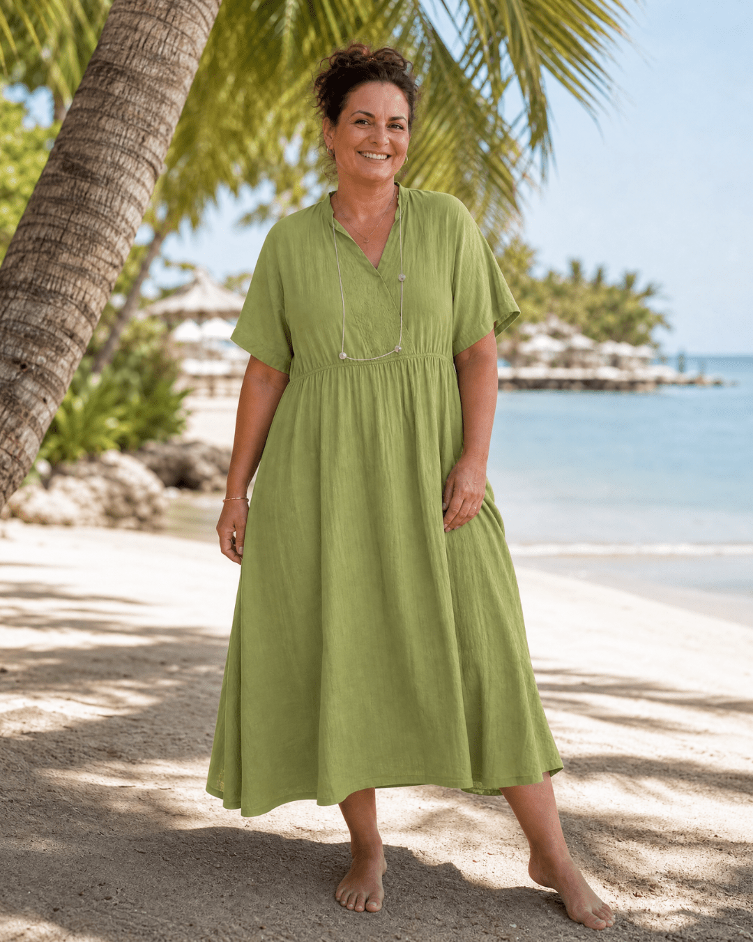 Women's Textured Midi Dress with V-Neck