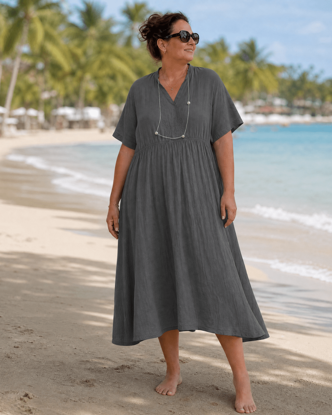 Women's Textured Midi Dress with V-Neck