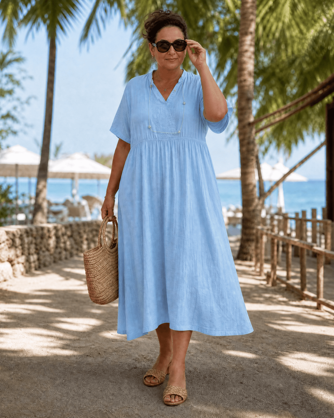 Women's Textured Midi Dress with V-Neck